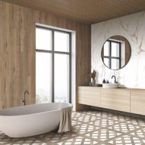 Corner,Of,Modern,Bathroom,With,Wooden,Walls,And,Floor,,Double